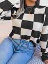 Checkerboard Contrasting Loose Collar Knitted Sweater: White / M