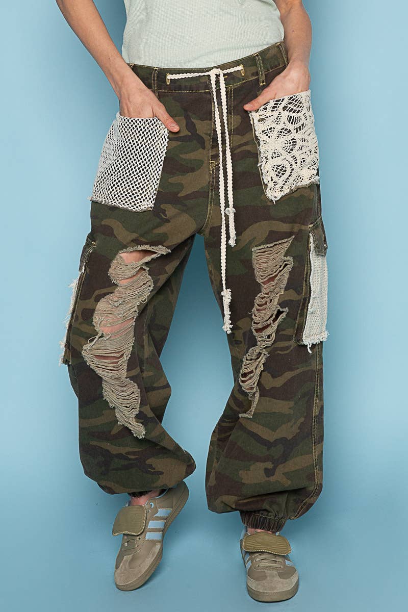 Camo Vintage wash crochet patches distressed jogger pants SALE: