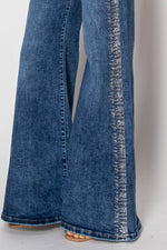 Embellished wide leg stretch medium blue denim jeans