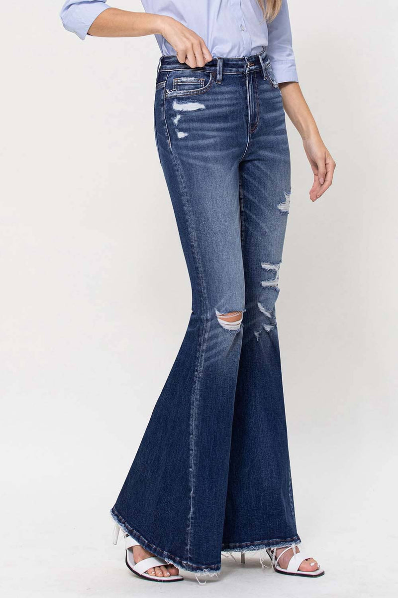 DISTRESSED HIGH RISE FLARED JEANS WITH FRONT SEAM