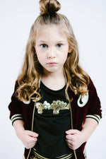 Kids Deep Red Velvet Bomber Jacket w/ Swans BURGUNDY