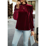 Knot Back Cut Out Mock Neck Solid Velvet Blouse: WINE / S