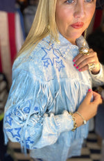 Embroidered fringe shirt distressed blue color