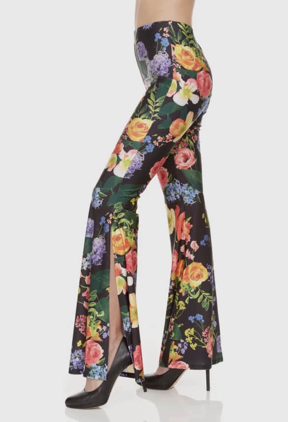 Stretchy floral pant w slit bell bottom