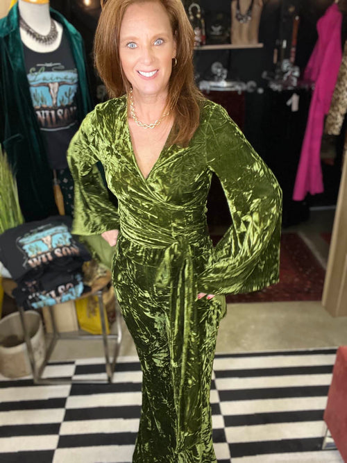 Um Green velvet bell sleeve wrap top! (Pairs with Green velvet bell bottoms.)