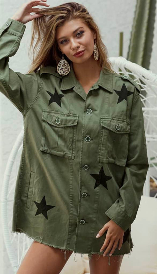 Star Print Military Fatique Jacket Style Raw hem Olive