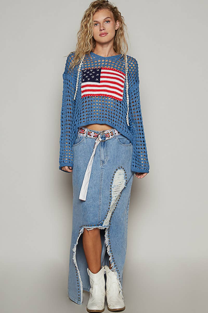 Long sleeve American flag hoodie top Beige