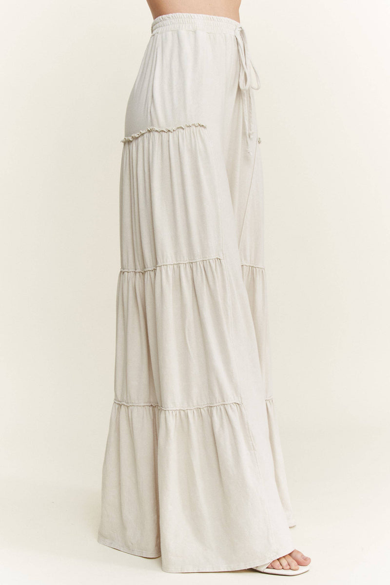 Mineral Washed Tiered Wide Leg Pants HP5033P1: Silver Grey / S-M-L / 2-2-2