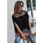 Boho Floral Mesh Lace Solid Blouse: BLACK / XL