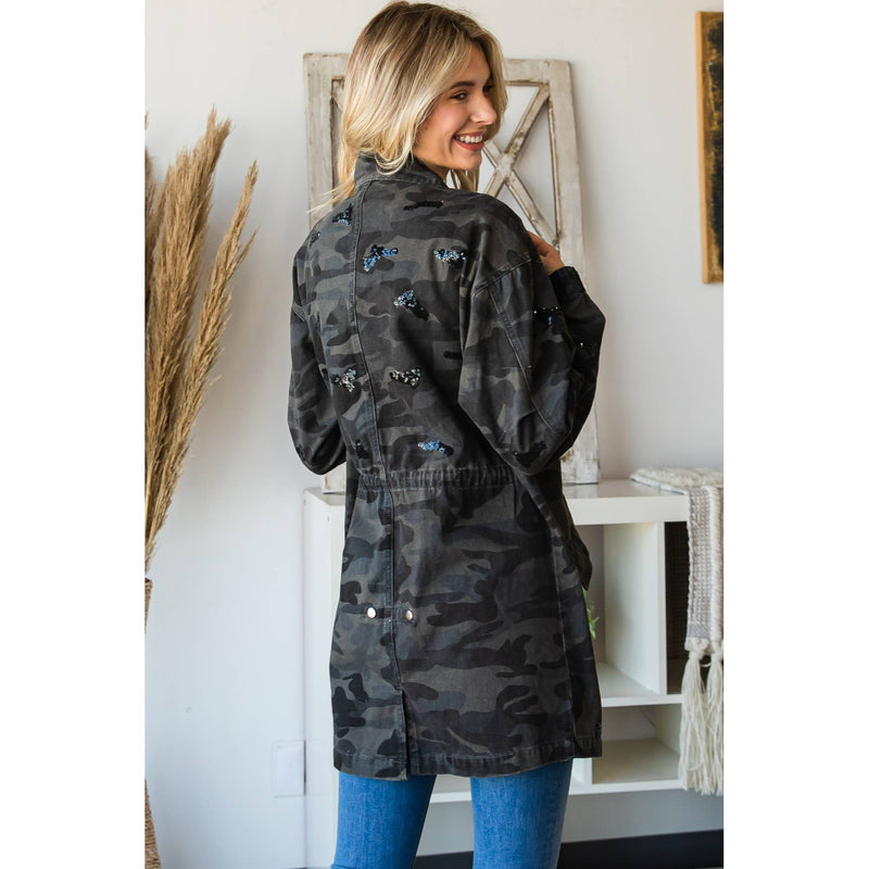 Black and Gray Camo w Black sequin Zip Up and snap Utility Jacket