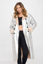 Women's Long Fur Lined silver Metallic Oversized Coat: Silver with light interior