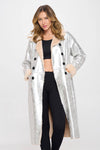 Women's Long Fur Lined Metallic Oversized Coat: Silver-Khaki / L