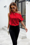 Red Satin Bat-sleeved off-the-shoulder satin shirt