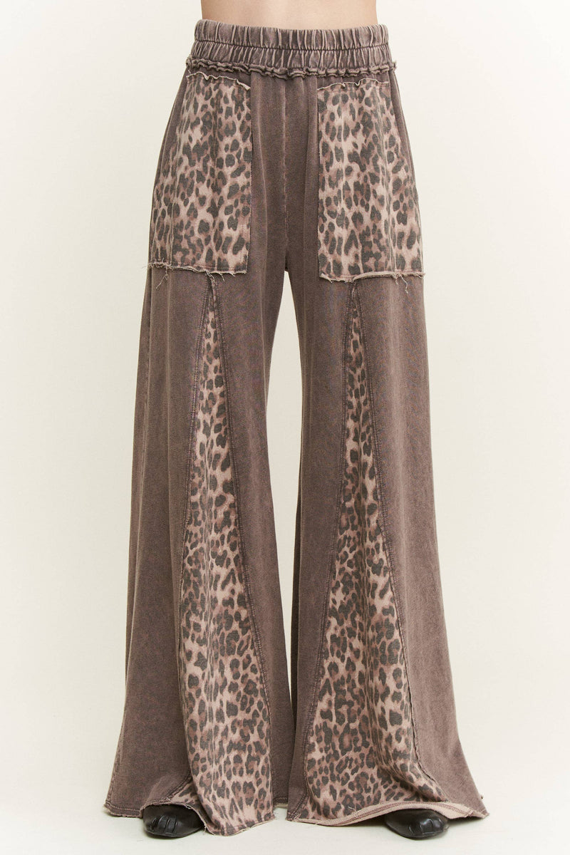 Mineral Washed Leopard Animal Print Flare Pants HP5783P1: Charcoal / S-M-L / 2-2-2
