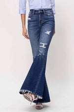 DISTRESSED HIGH RISE FLARED JEANS WITH FRONT SEAM
