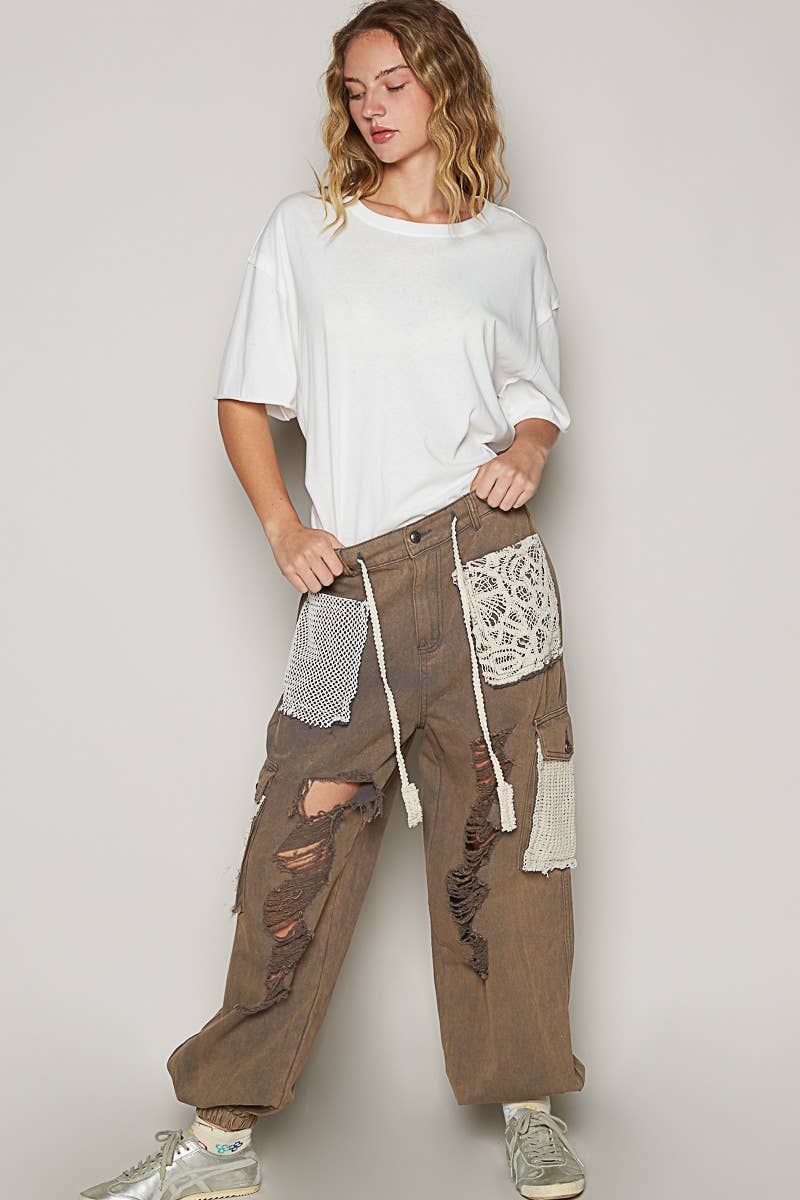 Vintage wash crochet patches distress jogger pants SALE: CAMO / S