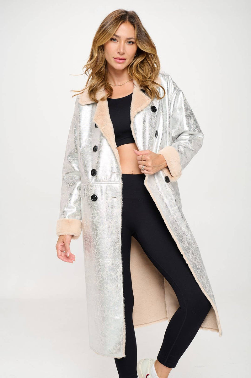 Women's Long Fur Lined silver Metallic Oversized Coat: Silver with light interior