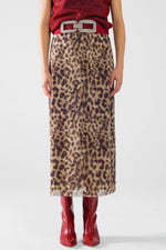 Sheer long leopard print bodycon midi skirt: Brown / Large