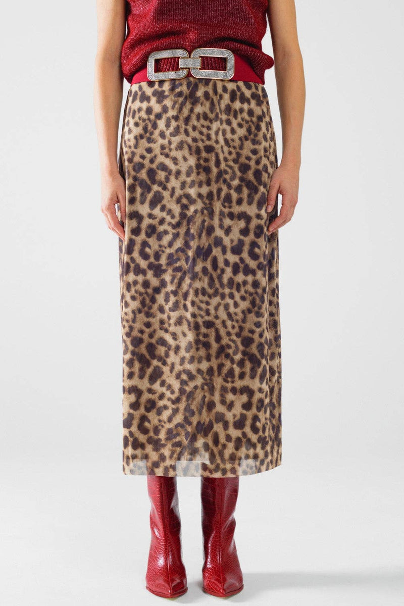 Sheer long leopard print bodycon midi skirt: Brown / Large