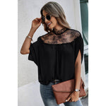 Boho Floral Mesh Lace Solid Blouse: BLACK / L