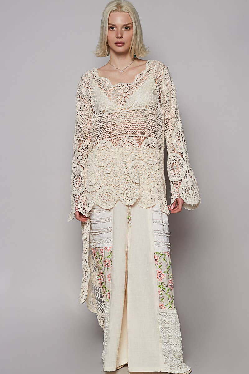 Round neck long sleeve elongated crochet top: NATURAL / Os
