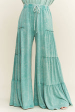 Mineral Washed Tiered Wide Leg Pants HP5033P1: Silver Grey / S-M-L / 2-2-2