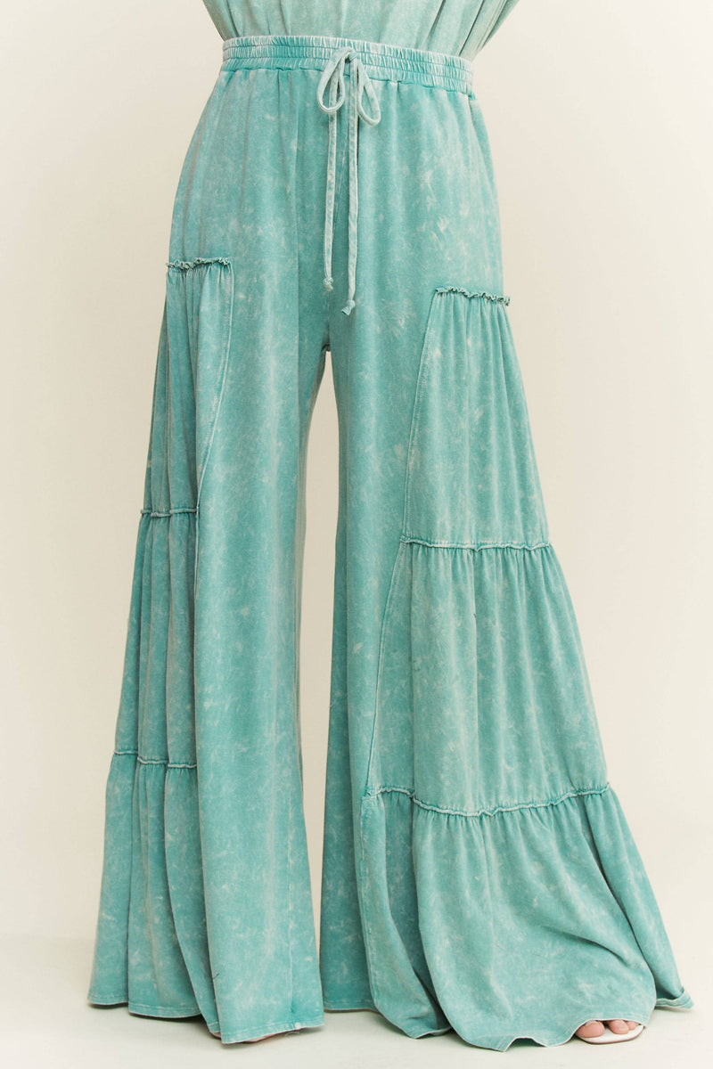 Mineral Washed Tiered Wide Leg Pants HP5033P1: Silver Grey / S-M-L / 2-2-2