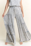 Mineral Washed Tiered Wide Leg Pants HP5033P1: Silver Grey / S-M-L / 2-2-2