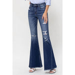 DISTRESSED HIGH RISE FLARED JEANS WITH FRONT SEAM