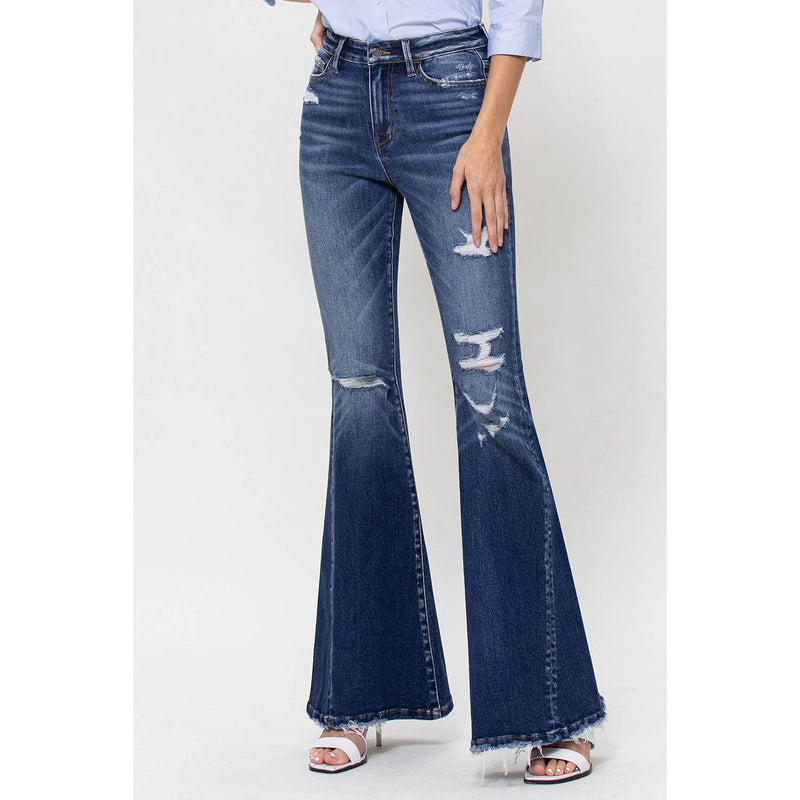 DISTRESSED HIGH RISE FLARED JEANS WITH FRONT SEAM