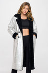 Women's Long Fur Lined Metallic Oversized Coat: Silver-Khaki / L