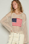 Long sleeve American flag hoodie top Beige