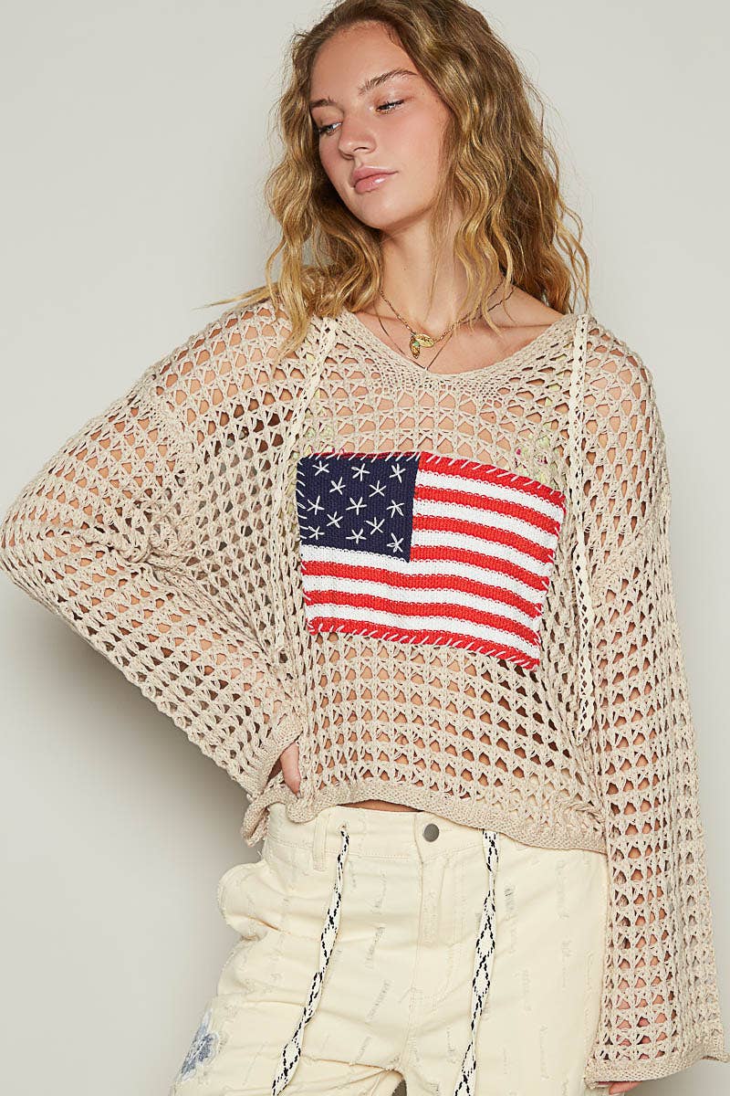Long sleeve American flag hoodie top Beige