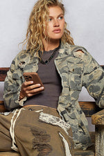 Zipper waist tie camo jacket