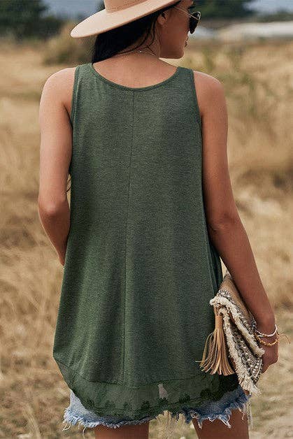 Scoop Neck Solid Loose Tank Top: 60%Polyester 35%Viscose    5%Spandex / OLIVE / M