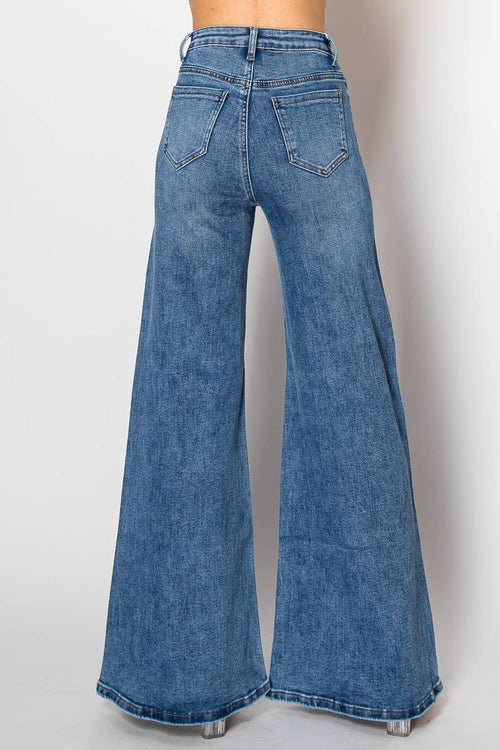 Embellished wide leg medium blue denim jeans