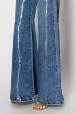 Embellished wide leg medium blue denim jeans