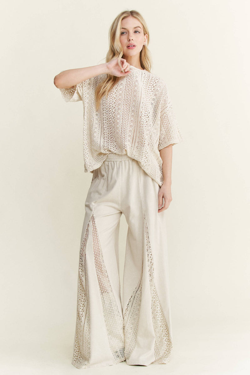 Mineral Washed Lace Flare Hippie boho Pants HP6566: Natural / S-M-L/ 2-2-2