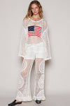 Long sleeve American flag hoodie top Beige