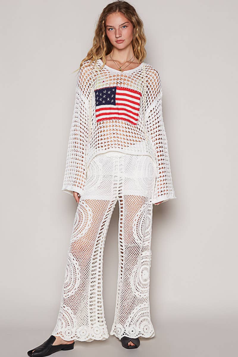 Long sleeve American flag hoodie top Beige