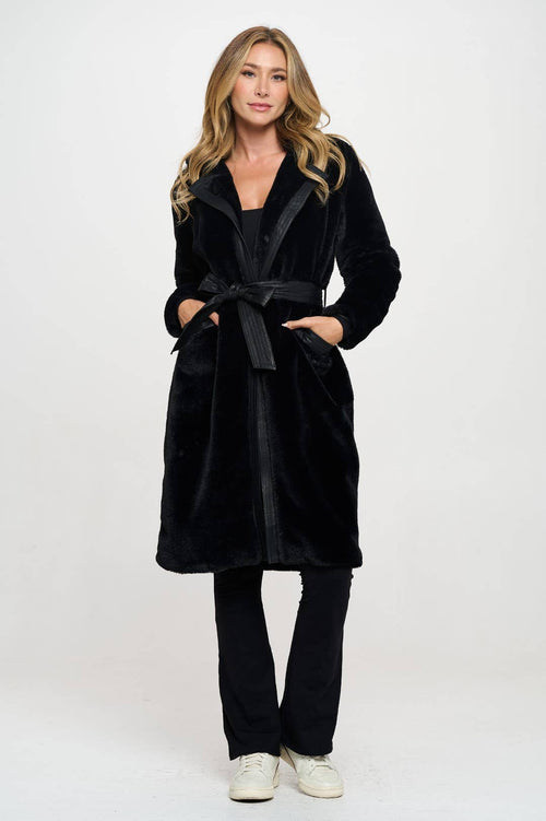 Black Belted Faux Fur Coat