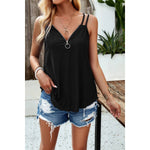 Half Zipper Deep V Neck Hollow Out Solid Top: BLACK / M