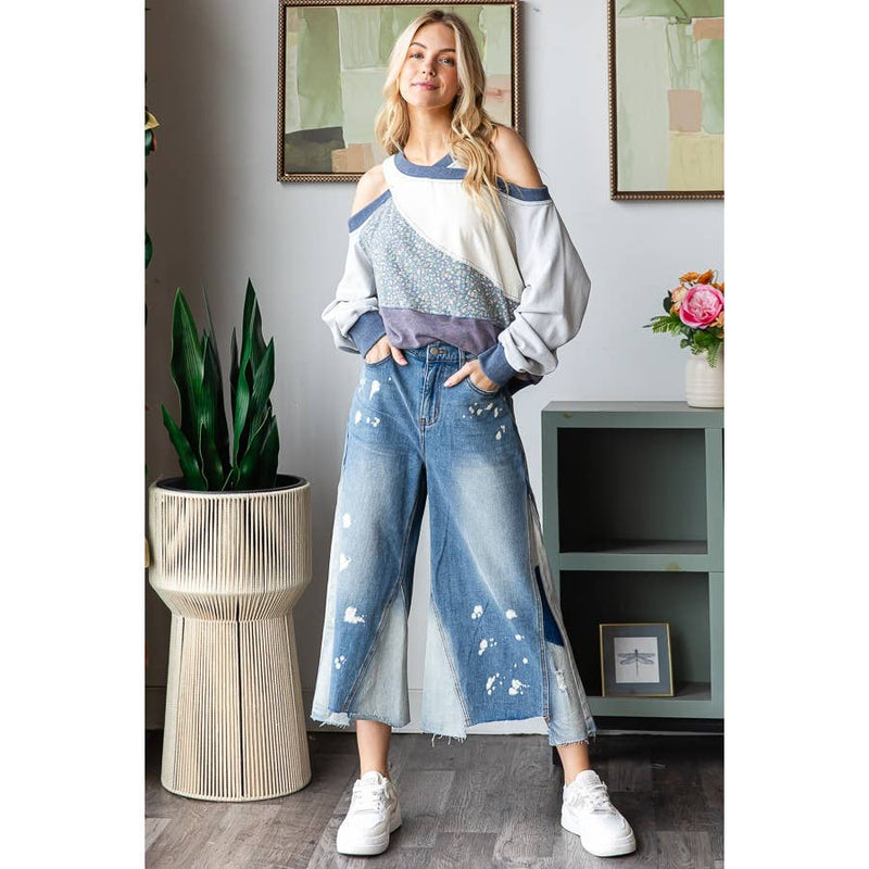 WASHED CROPPED DENIM JEANS: DENIM / S-M-L-XL(2-2-2-2)