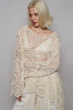 Round neck long sleeve elongated crochet top: NATURAL / Os