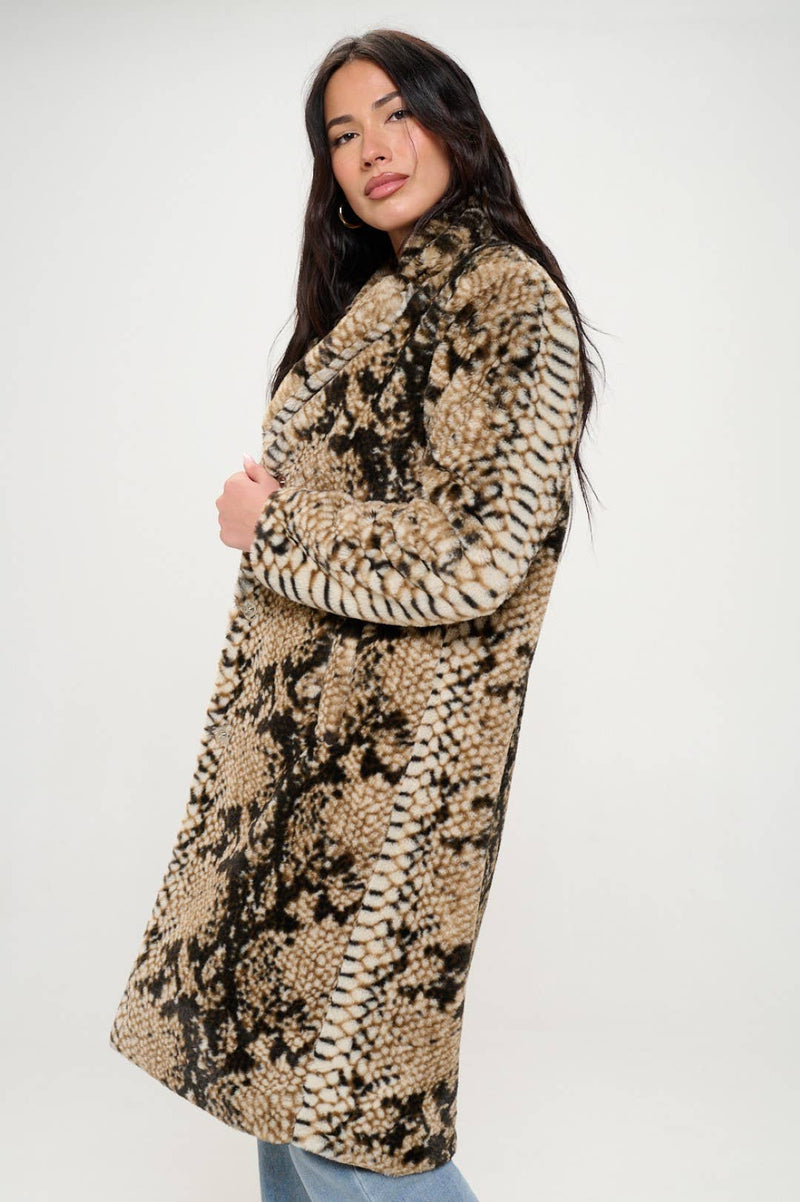 Print Faux Fur Coat: Snake Print / S