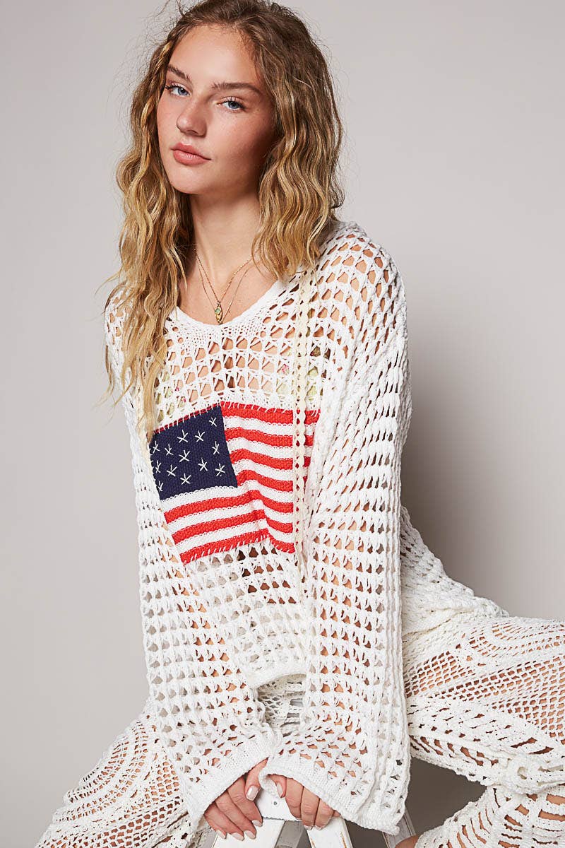Long sleeve American flag hoodie top Beige