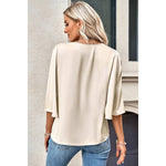 V Neck Chiffon High Low Hem Blouse: BEIGE / XL