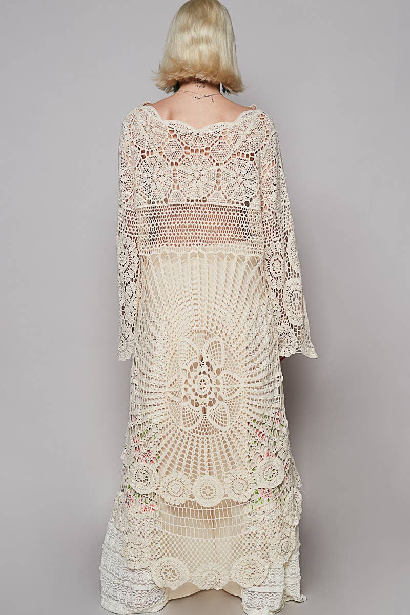 Round neck long sleeve elongated crochet top: NATURAL / Os