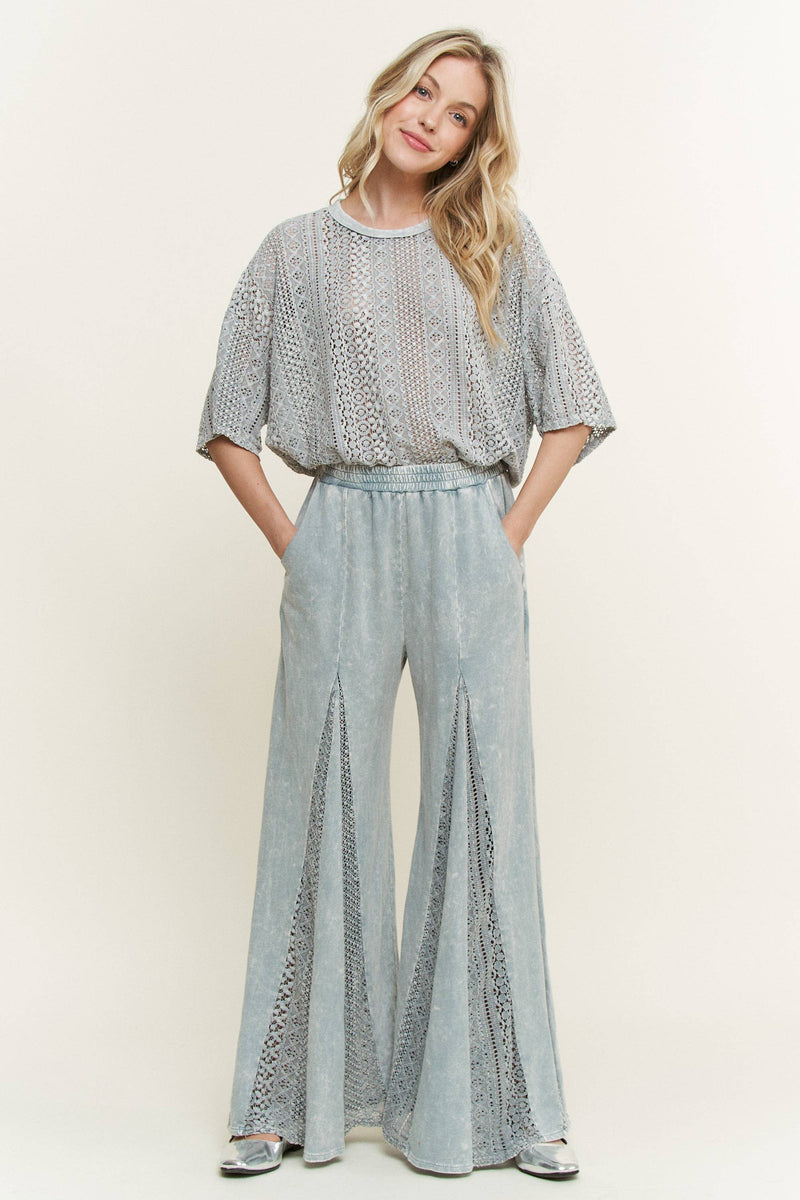 Mineral Washed Lace Flare Hippie boho Pants HP6566: Natural / S-M-L/ 2-2-2
