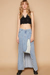 Stud detail long denim skirt: DENIM with distressed hem and underlay fabric